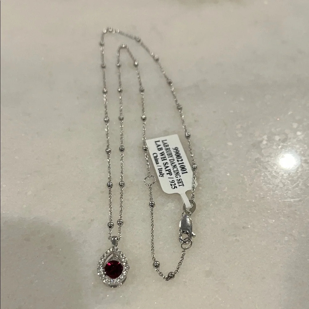 LAB RUBY WHITE SAPPHIRE 925 Pendant Necklace BRAND NEW APROX 16in adjustable - Picture 4 of 5